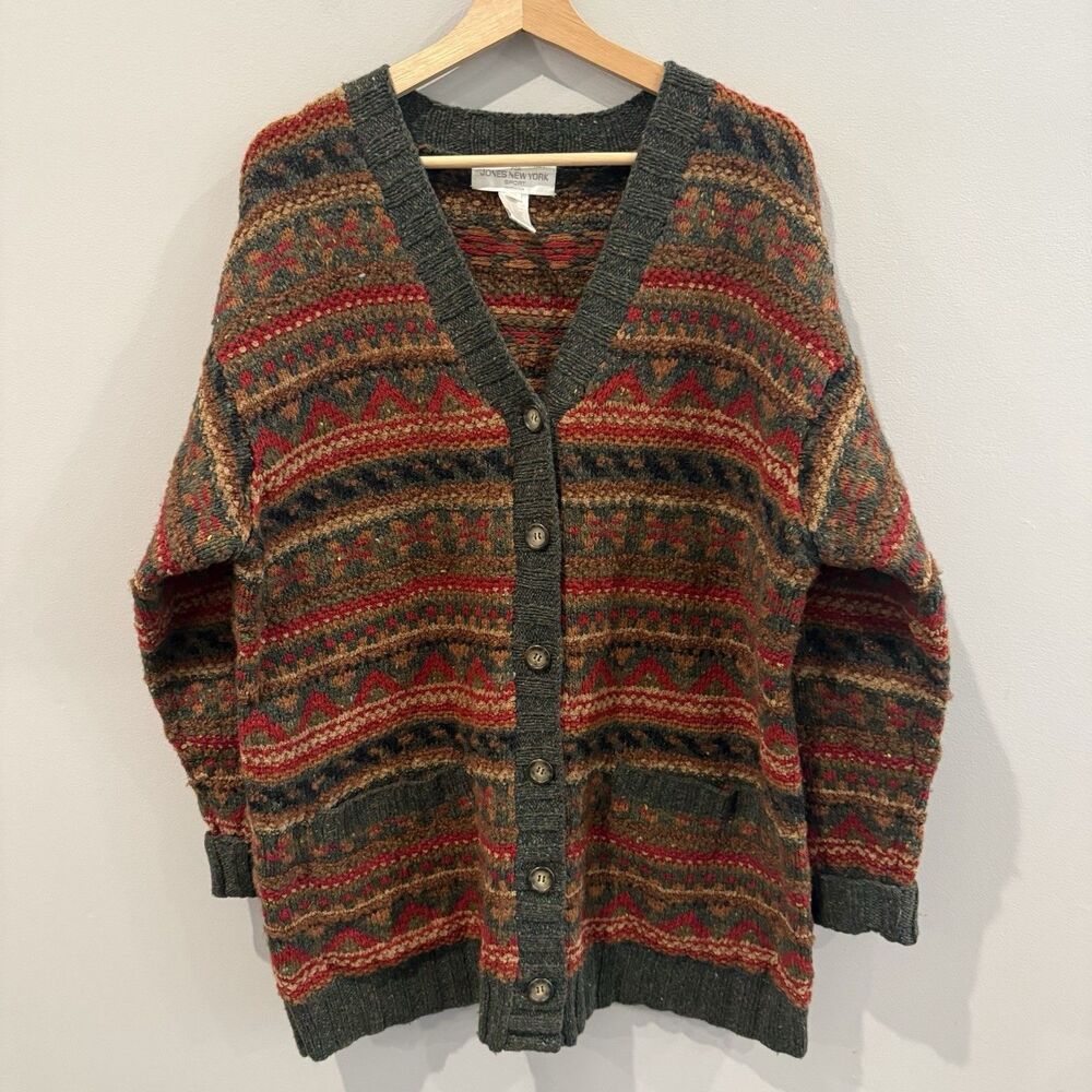 VTG Jones NY Cardigan Sweater XL Fair Isle Wool Silk Mohair Boho Cottage Grandpa